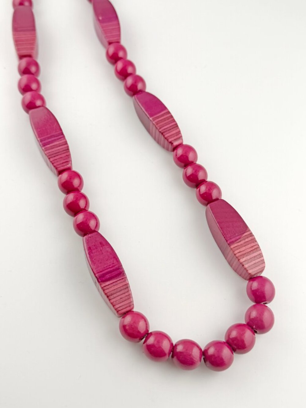 Vibrant Magenta Pink Wood Bead Necklace - 29” Long - Boho Statement - Picture 3 of 7